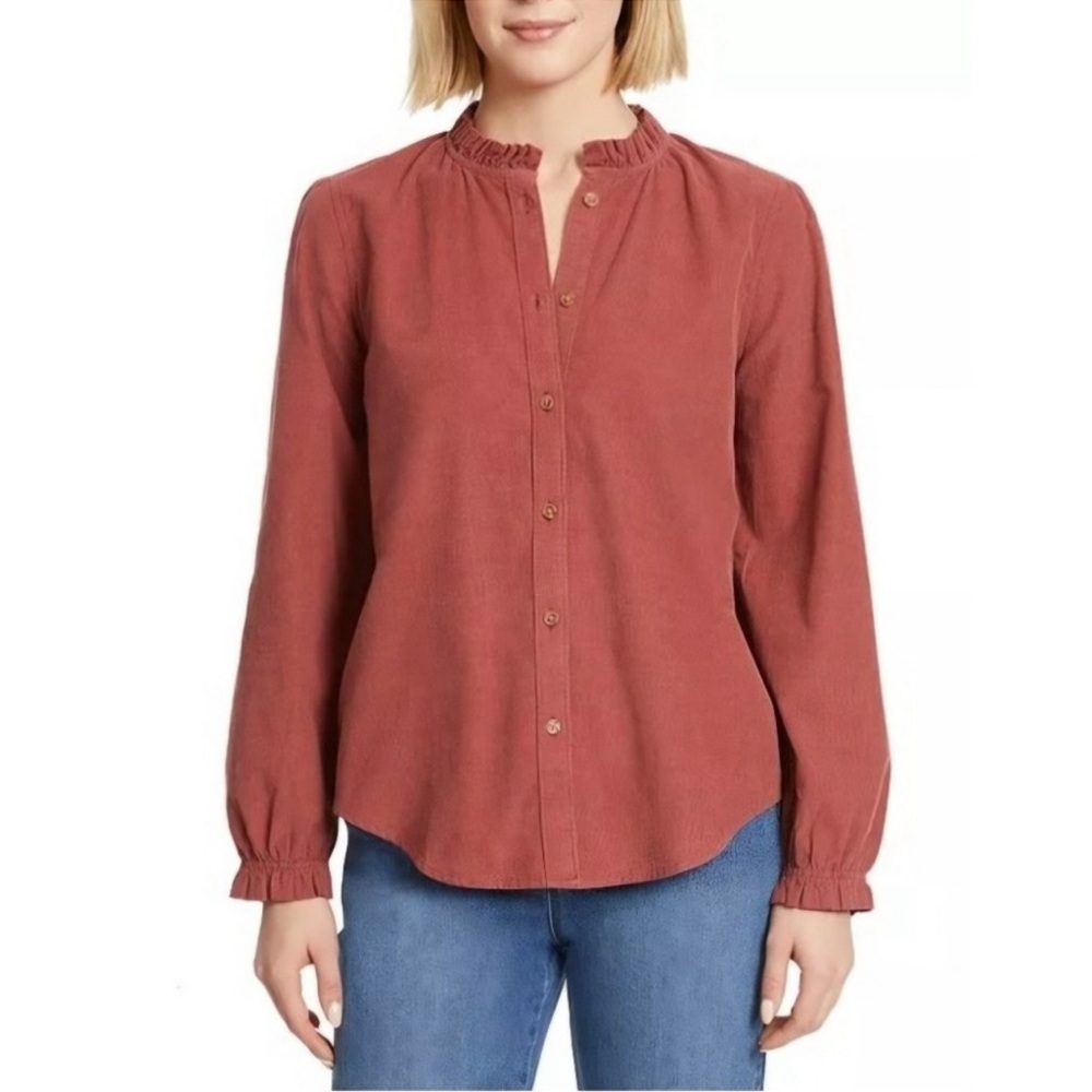 Ruffled Neck Button-Front Blouse